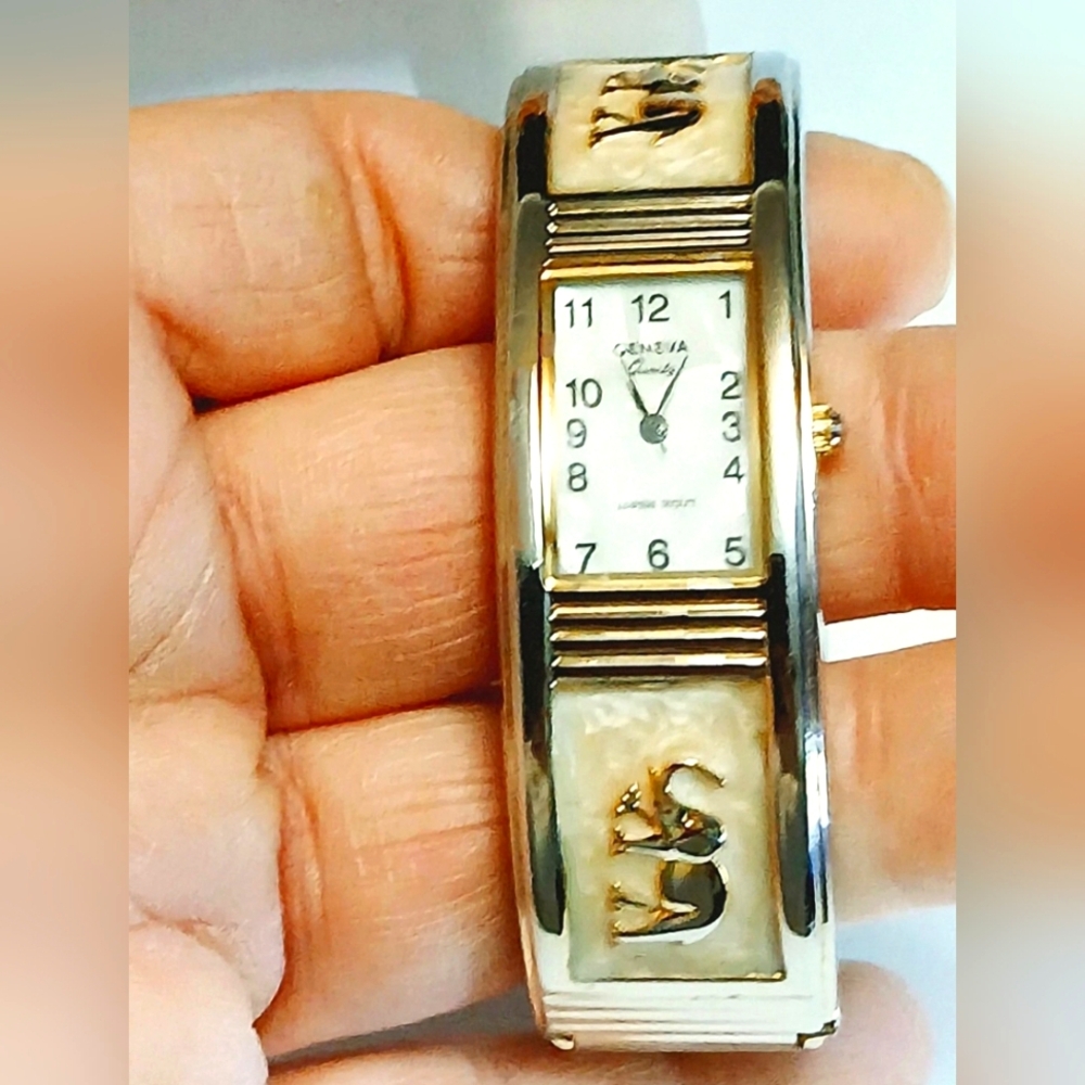 Geneva Mother-of-Pearl Golden Elephants 7" Cuff Watch For Women